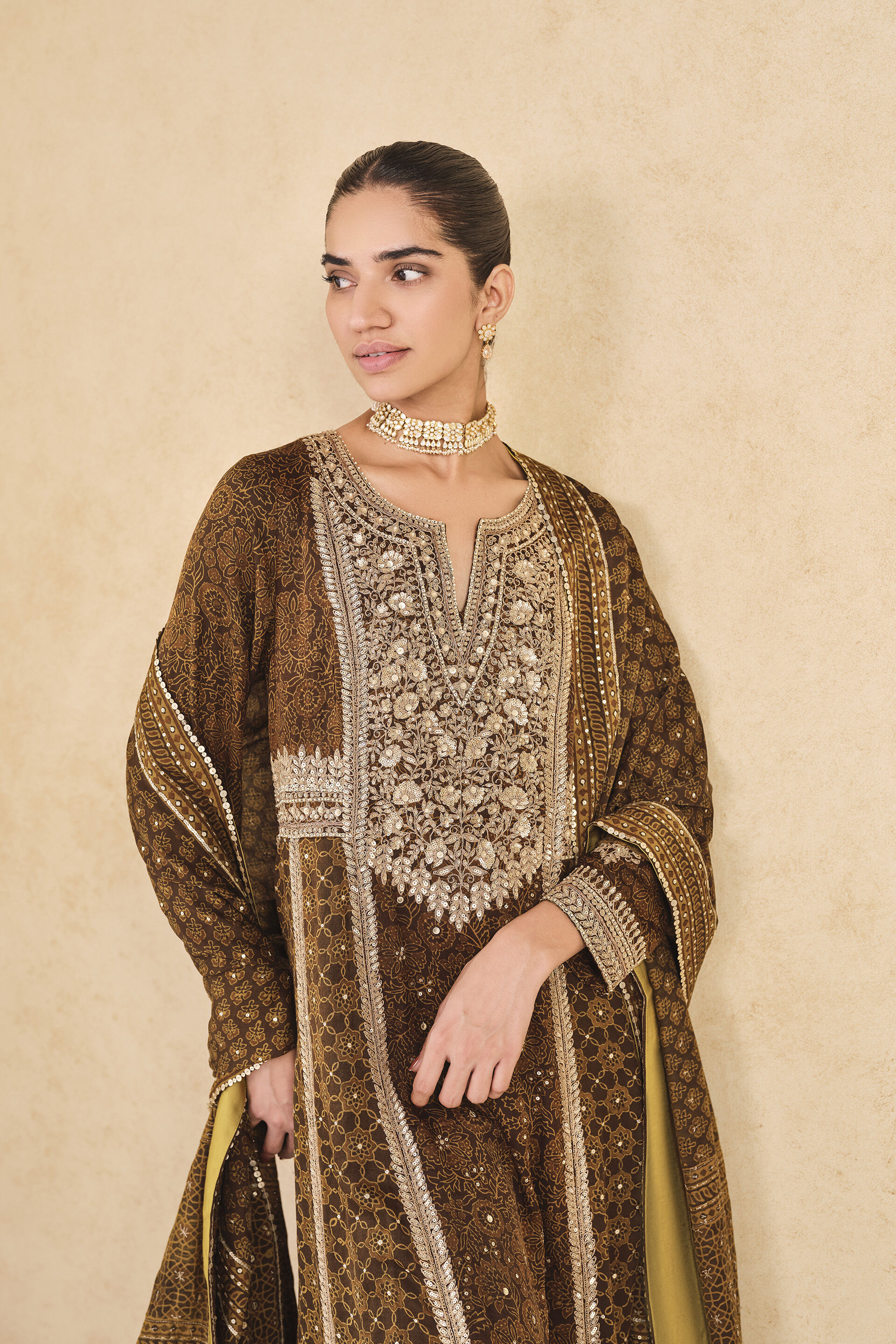 Marfa Ajrakh Hand-block Printed Silk Suit Set - Olive, Olive, image 4